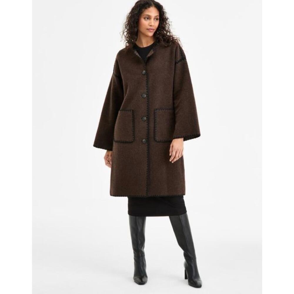 BCBGMAXAZRIA Chocolate Brown Runway Front Edge Blanket Stitch Coat Medium Fall